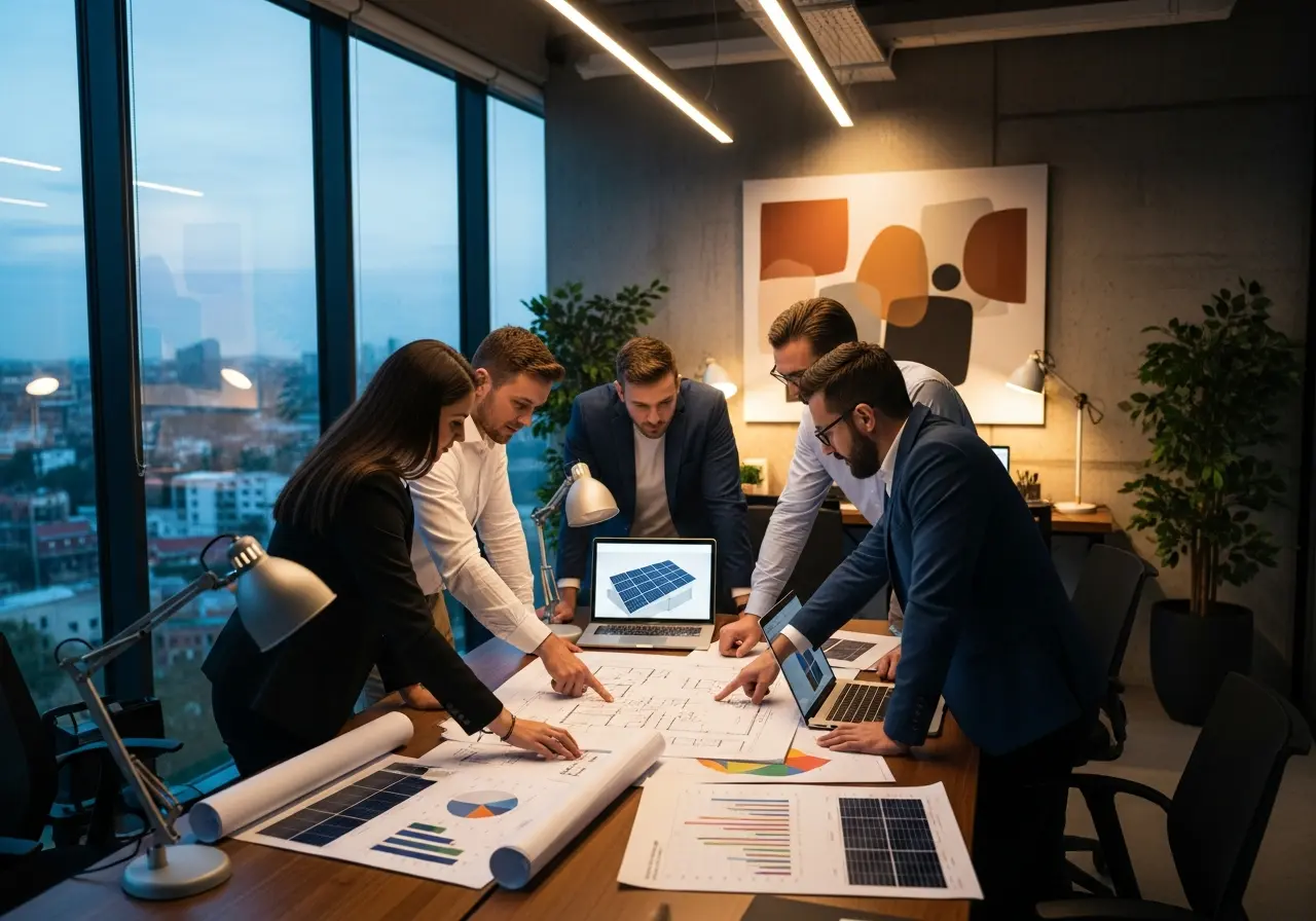 Equipo de analistas de El Vecino Solar trabajando en la oficina